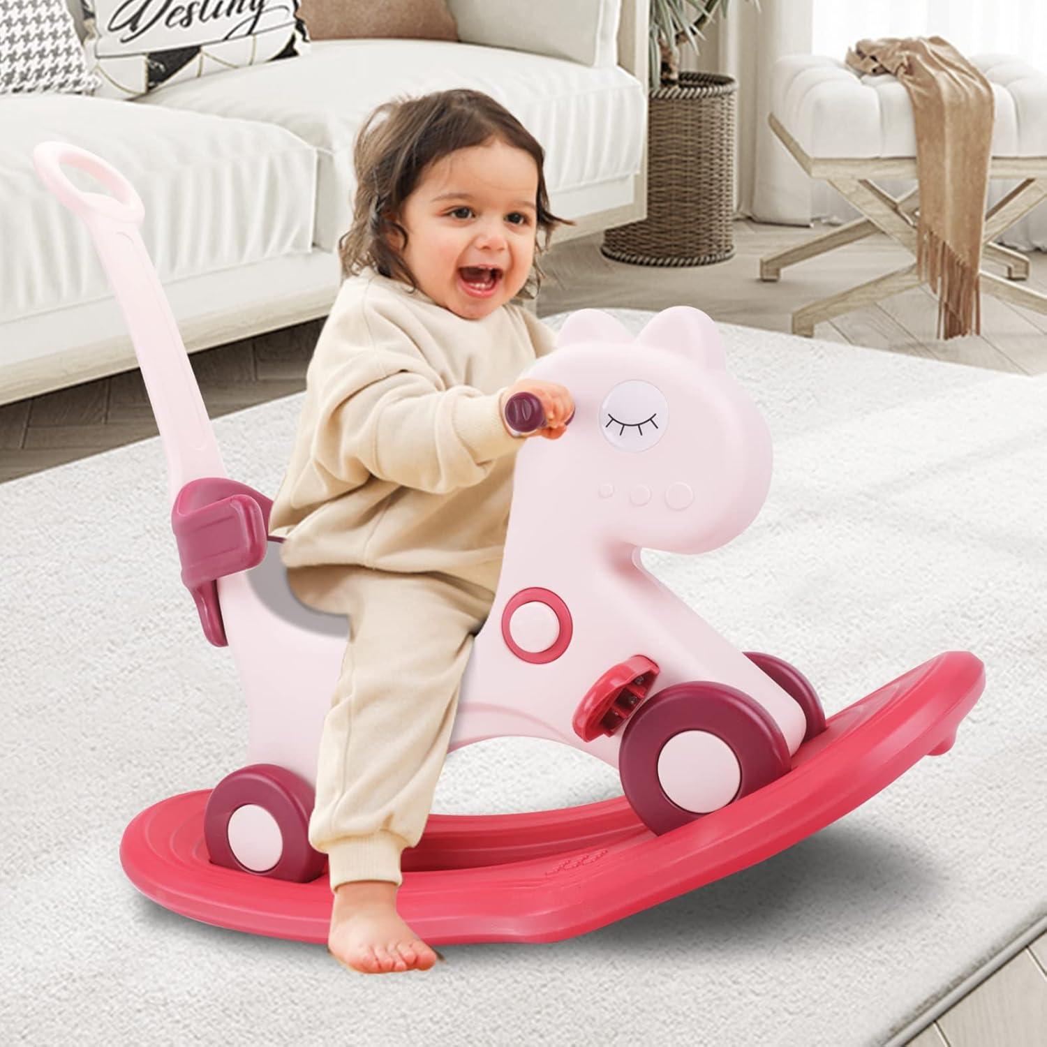 4 in 1 Rocking Horse for Toddlers 1-3 Years Old, Baby Rocking Toy Fun Birthday Gift for 1+ Girls, Ride on Toy with Detachable Balance Board and Footrest,Balance Bike with Push Handle,Pink