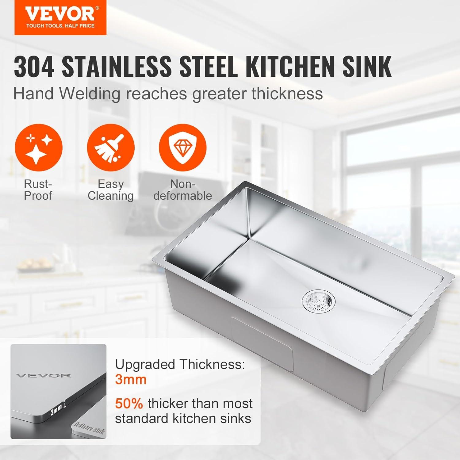 32'' L Undermount Single Bowl Stainless Steel Kitchen Sink