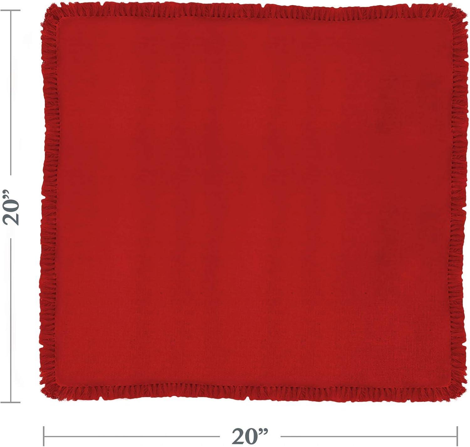 Red Fringed Cotton Dinner Napkins, 20" Square, Set of 4