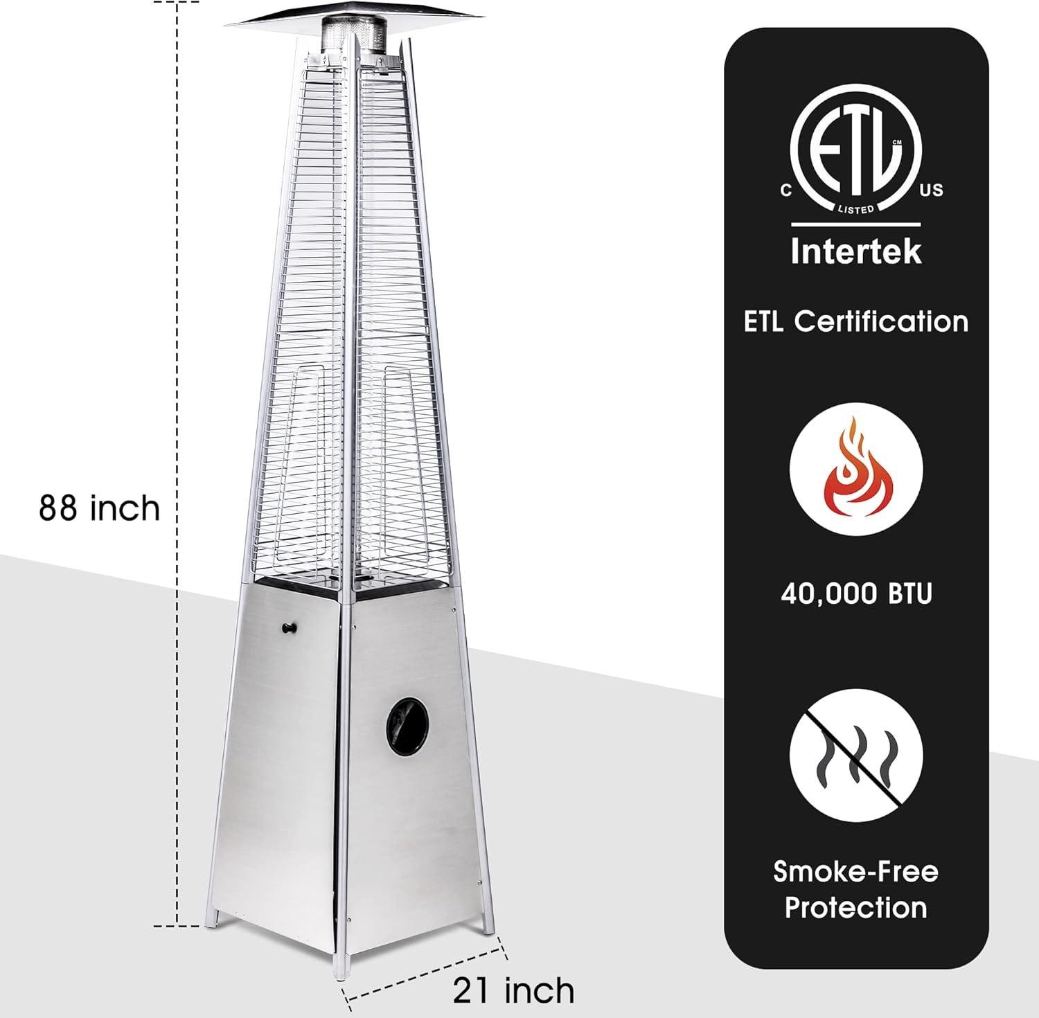 Silver Stainless Steel Propane Patio Heater with Quartz Glass Tube