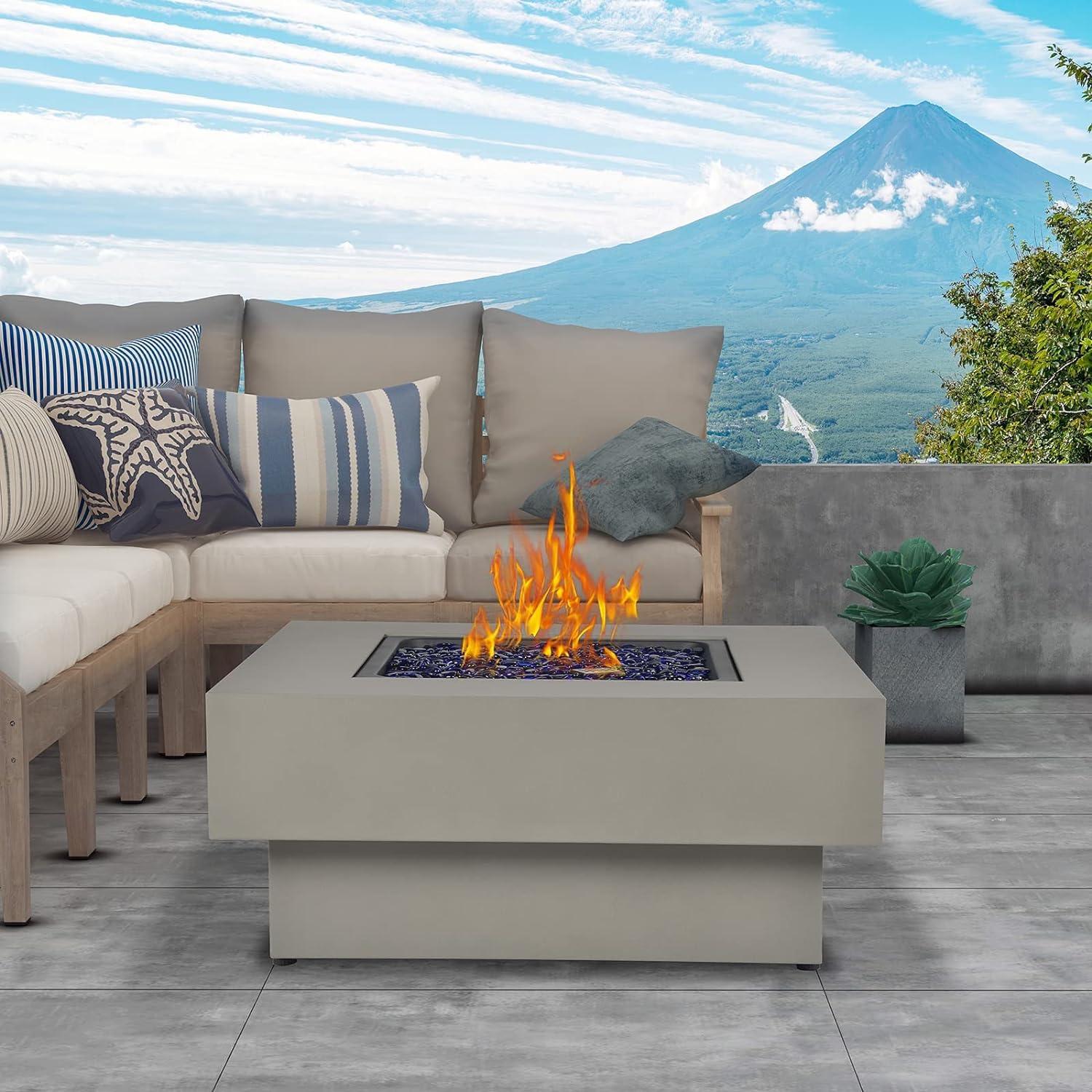 BAIDE HOME 32.5" Square Steel Low Profile Gas Fire Pit Table, 50,000 BTU Outdoor Propane Fire Pit with Lid, Glass Rocks, Cover, Pre-attached 10ft Propane Hose