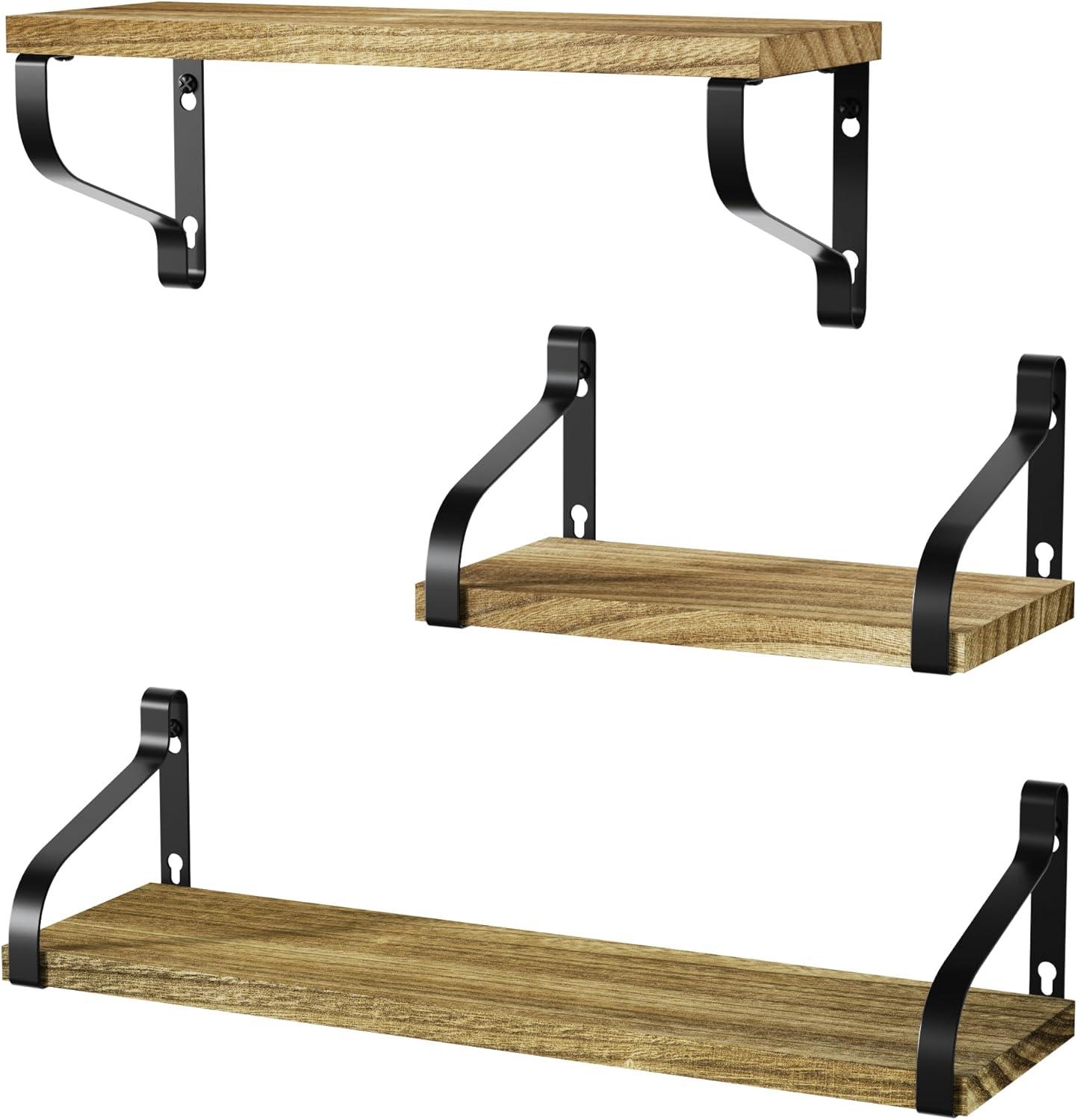 Love-KANKEI Floating Shelves Wall Mounted Set of 3, Rustic Wood Wall Storage Shelves for Bedroom, Living Room, Bathroom, Kitchen, Office and More Carbonized Black