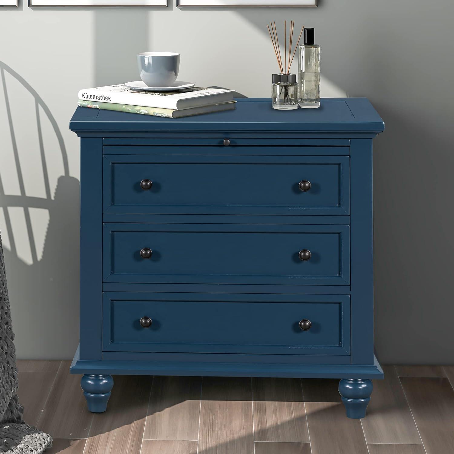 Blue Pine and Manufactured Wood 3-Drawer Nightstand with Pull-Out Tray