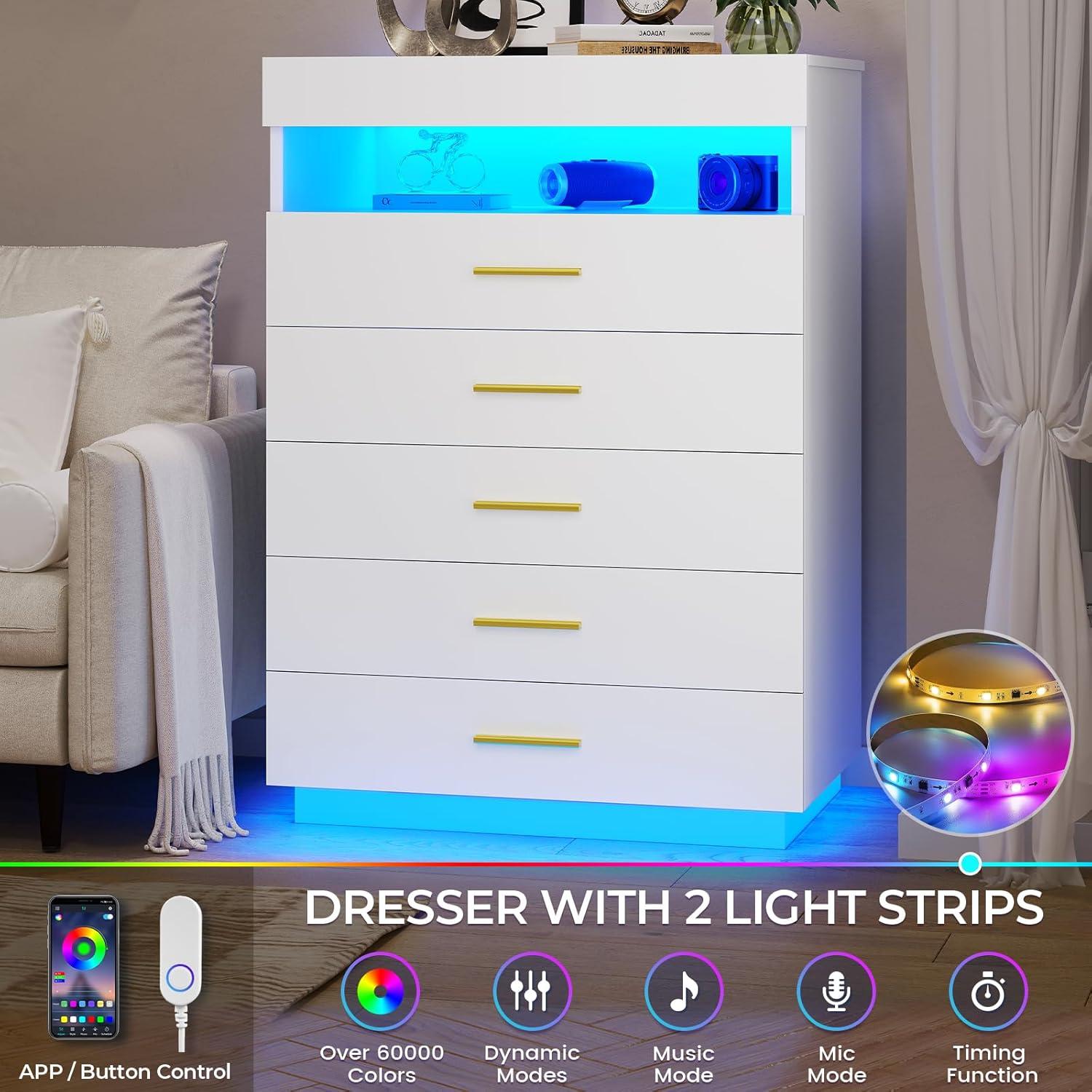 4 Drawer Dresser with LED Lights&Pull Out Tray, Tall Floating Chest of Drawers with Open Storage for Bedroom Living Room, White