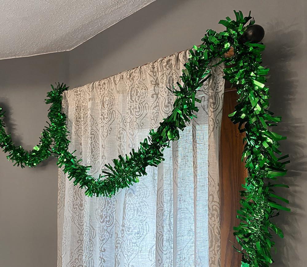 25 ft Long Roll Green Tinsel Twist Garland, Shiny Metallic Foil decorations for Parade Floats, Halloween, Christmas Eve, New Year Parties (4" x 25' roll, Green)