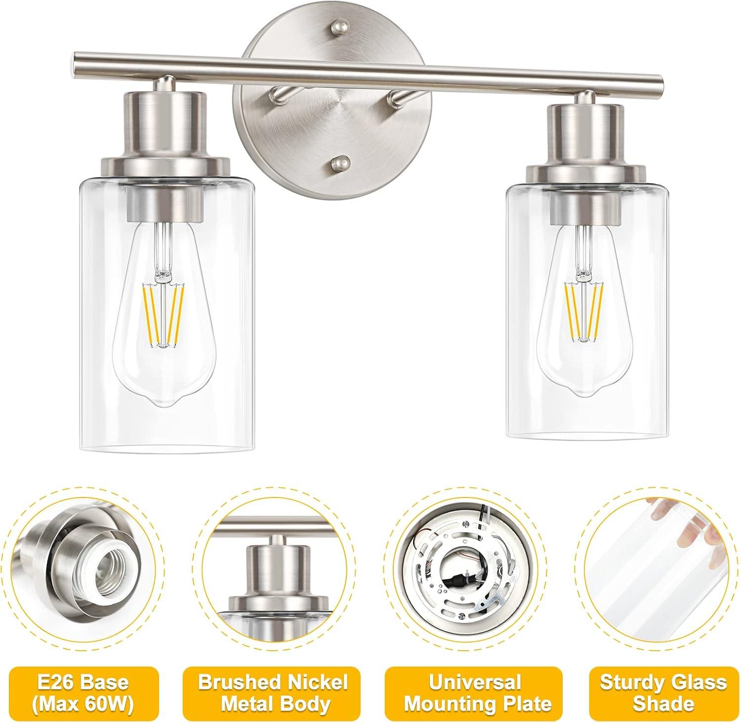 Vanity Wall Light Fixtures, Modern 3 Lights Wall Sconce with Clear Glass Shade, Brushed Nickel Farmhouse Wall Lamp for Bathroom Mirror Kitchen Porch Living Room Workshop (E26 Base)