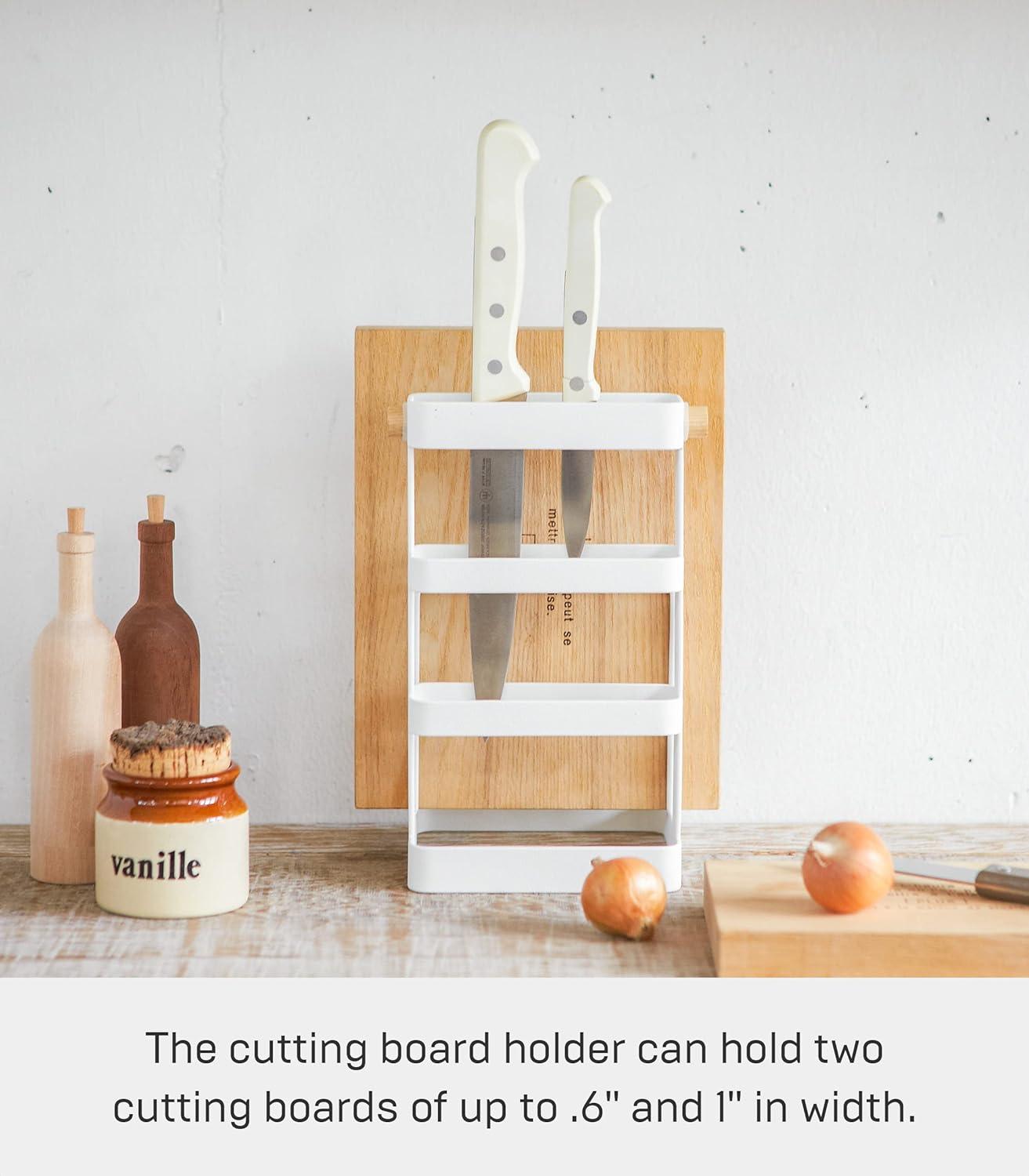 White Steel and Wood Countertop Knife and Cutting Board Organizer