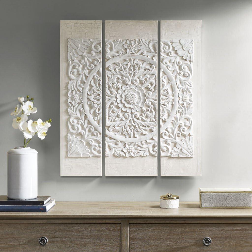 (Set of 3) 35.5" Height Wooden Mandala 3D Embellished Canvas Decorative Wall Art Set White: Resin Carved, Rustic Charm, Vertical Display