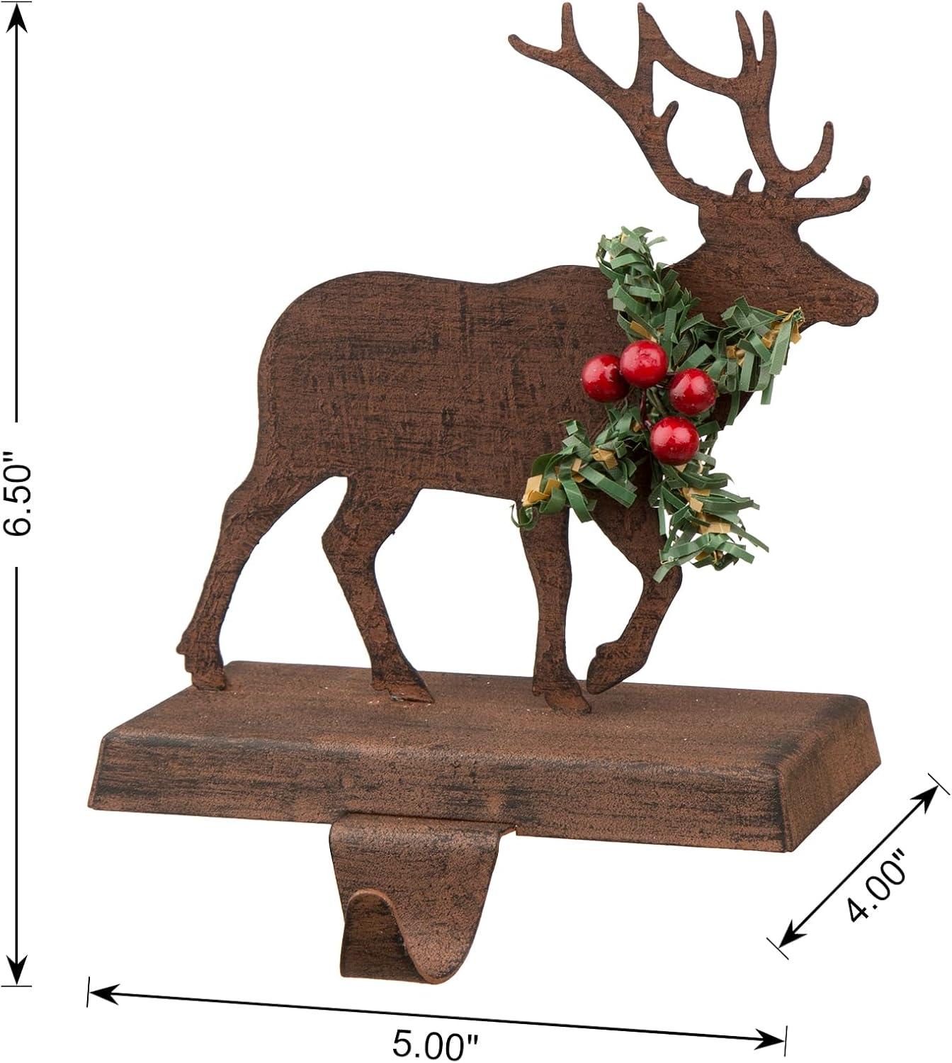 6.5" Brown and Green Unique Wooden Reindeer Stocking Holder