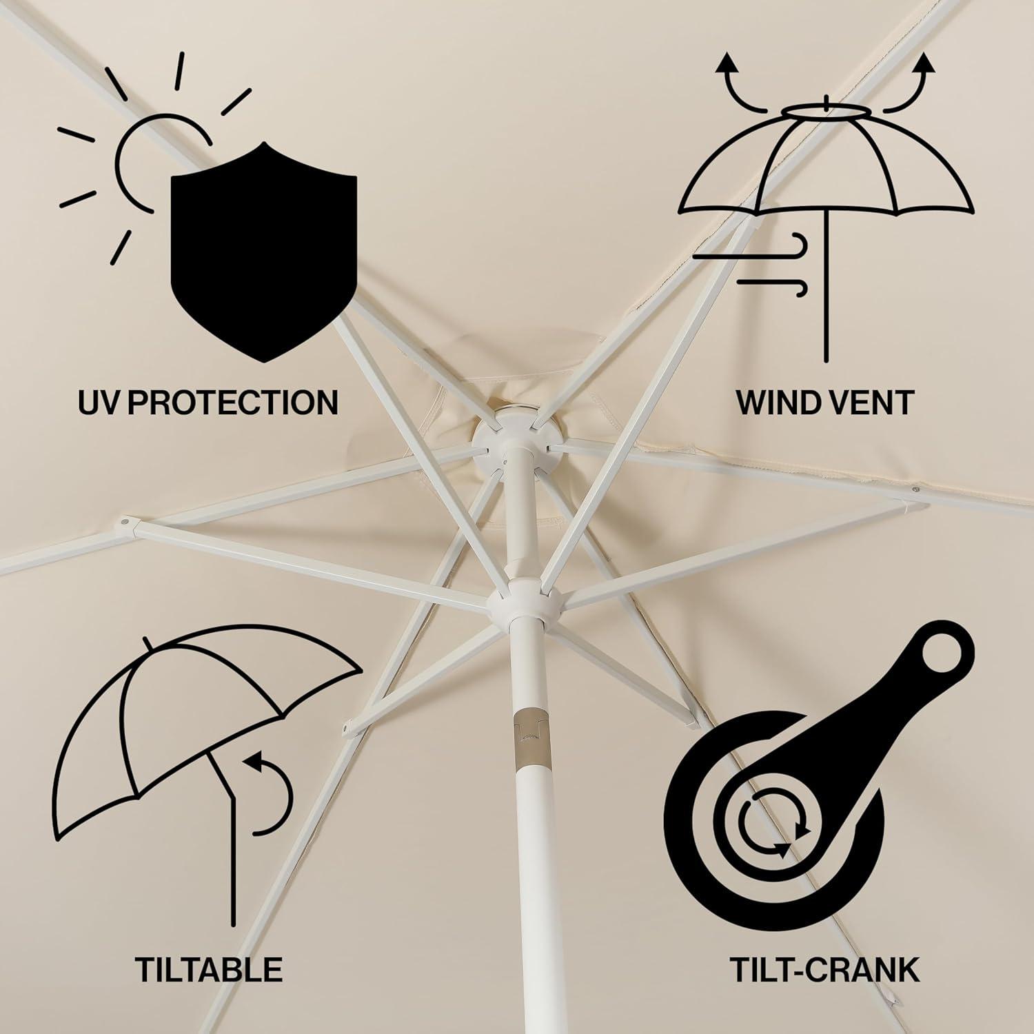 JONATHAN Y Collins 9 ft. Classic Cottage Tassel Market Patio Umbrella with Auto-Tilt, Crank, Wind Vent and UV Protection in Cream