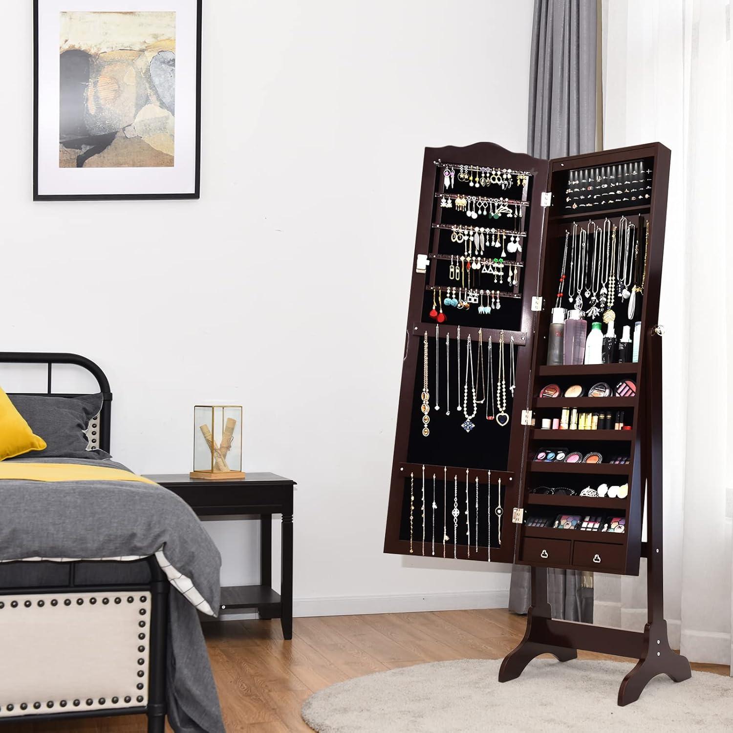 Costway Jewelry Mirrored Cabinet Armoire Organizer Storage Box with Stand Christmas Gift Coffee