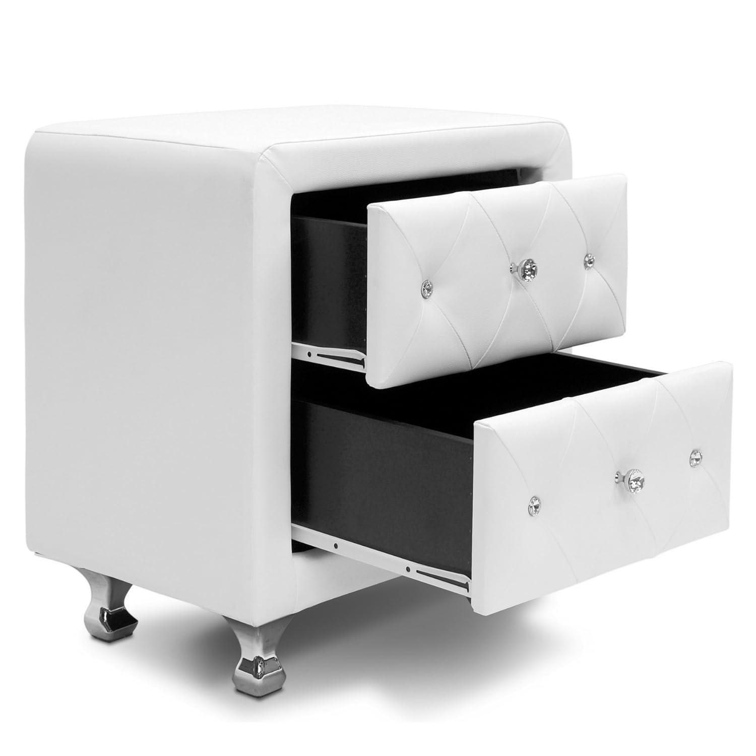 Baxton Studio Stella Crystal Tufted White Upholstered Modern Nightstand