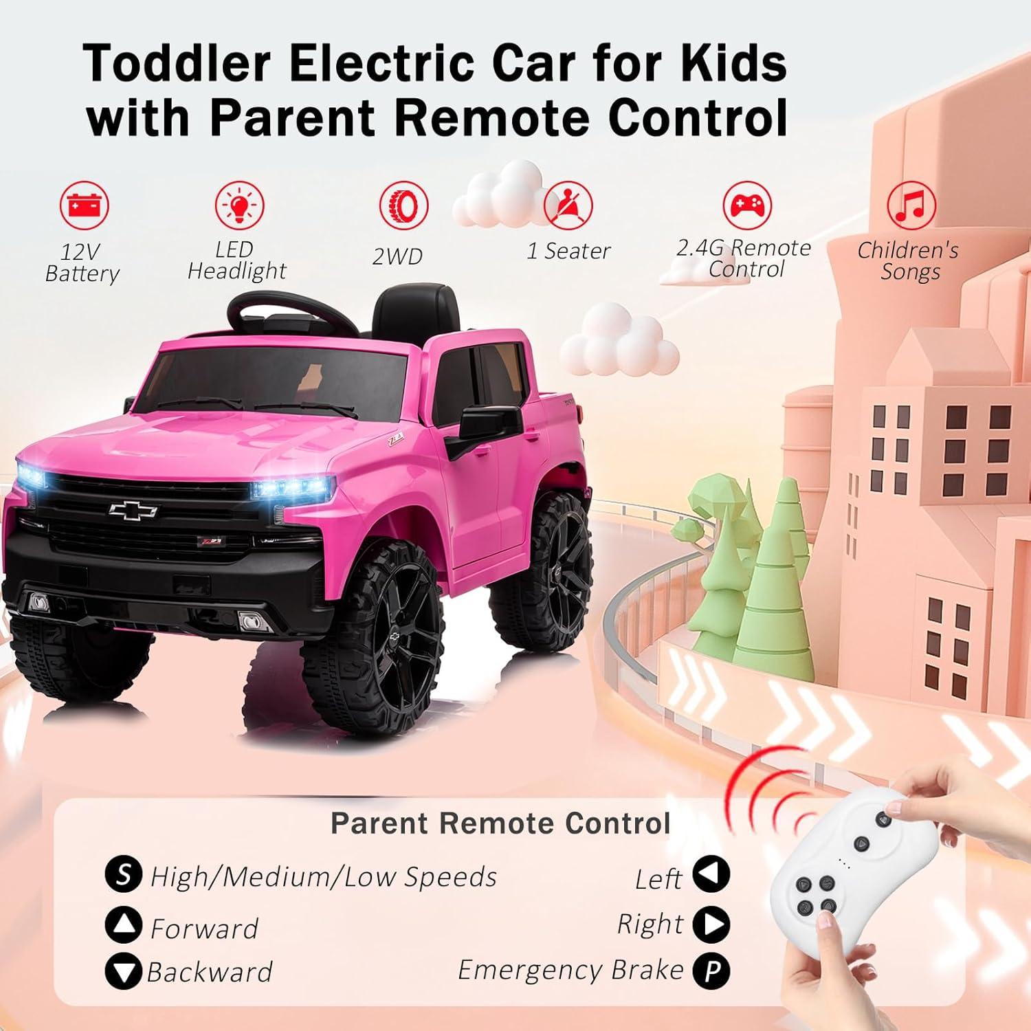 Kids Ride on Vehicle with Remote Control for 3-8 Years Toys,12V Licensed Chevrolet Silverado GMC Powered Wheels Electric Car, MP3 Music,FM Radio, Spring Suspension, LED Light,Pink