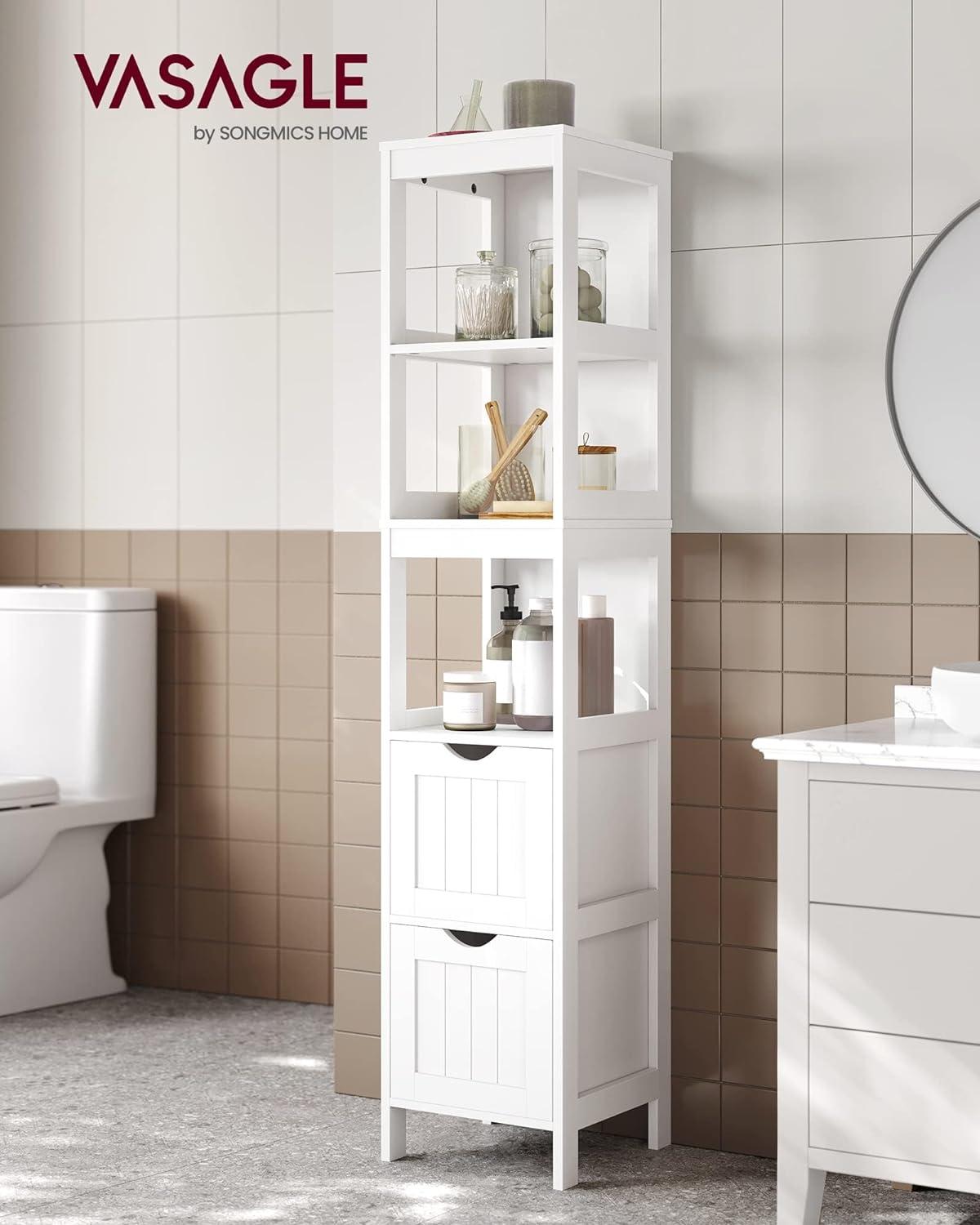 VASAGLE Bathroom Tall Cabinet, with 2 Drawers and 3 Open Shelves, White