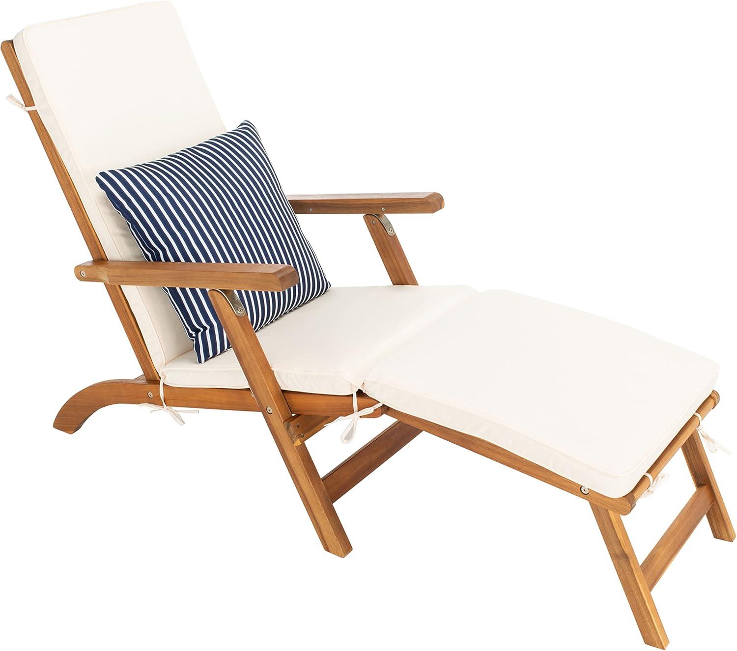 Palmdale Lounge Chair - Outdoor - PAT7015 - Natural/Beige + Blue Stripped Pillow -Safavieh
