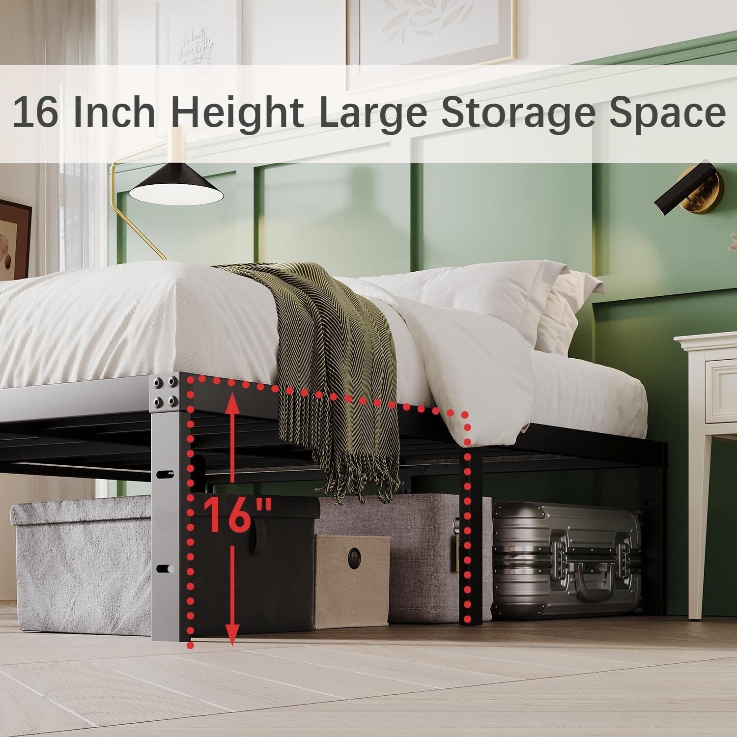 Twin Metal Bed Frame - 16 Inch Tall, No Box Spring Needed, Heavy Duty Platform With Storage Space, Sturdy Non-Slip Noiseless