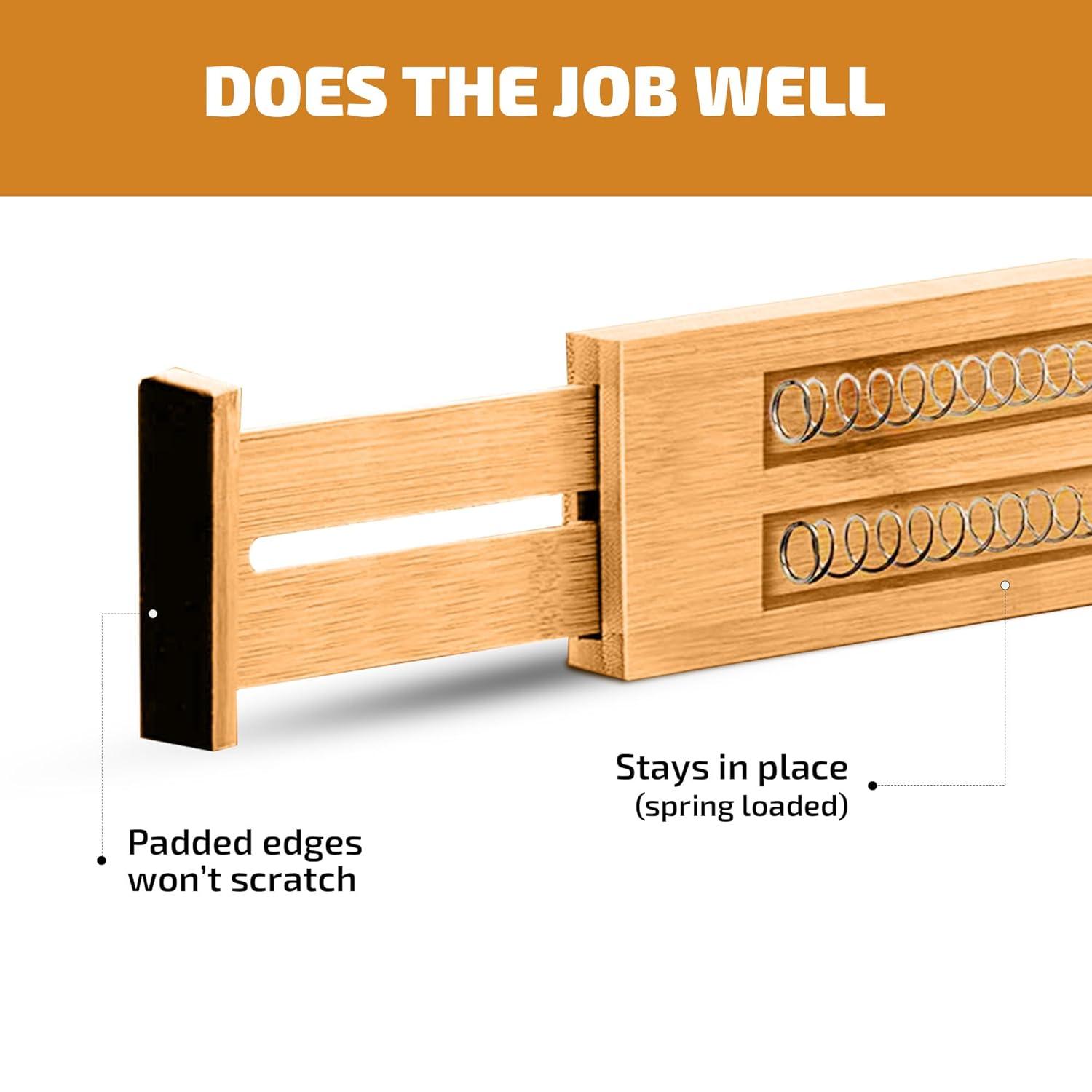 Drawer Dividers 4 Pack - Adjustable Bamboo Organizers 12.2" to 17.3", 2.6" Tall Expandable Separators for Kitchen, Dresser, Bedroom, Office or Bathroom Drawers