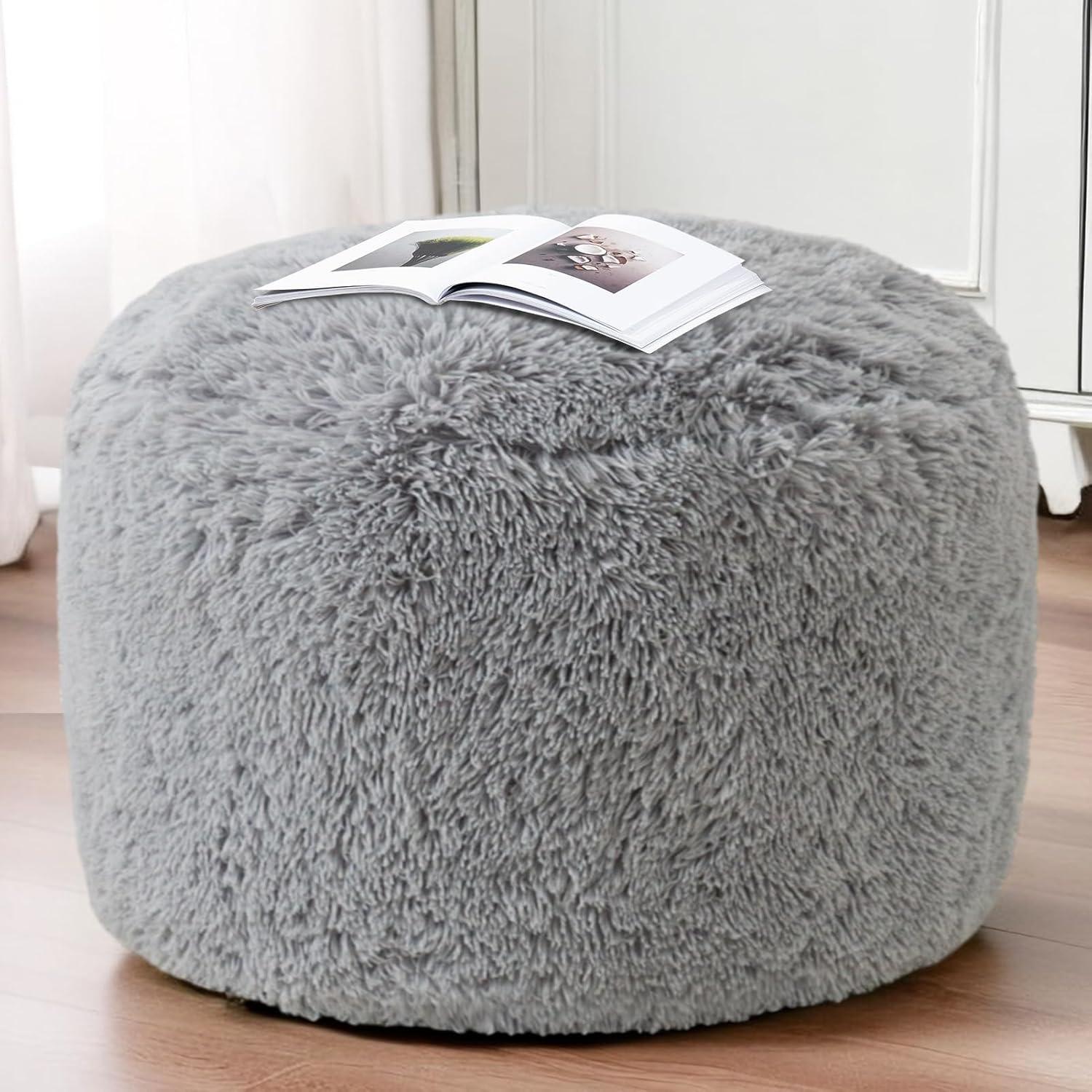 Grey Faux Fur Round Pouf Ottoman with Foam Filling