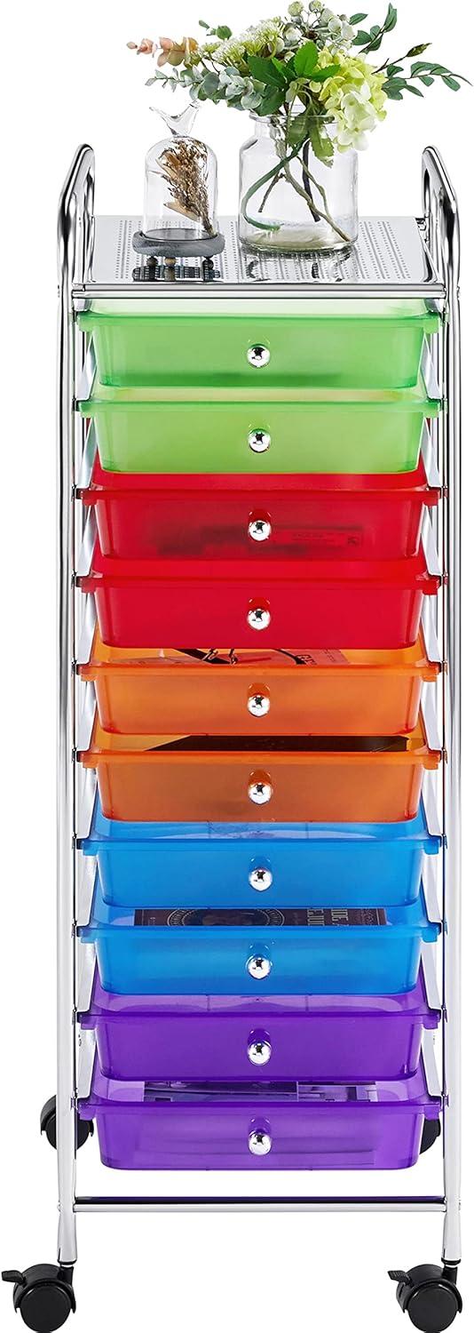 Multicolor 10-Drawer Rolling Utility Cart with Chrome Frame