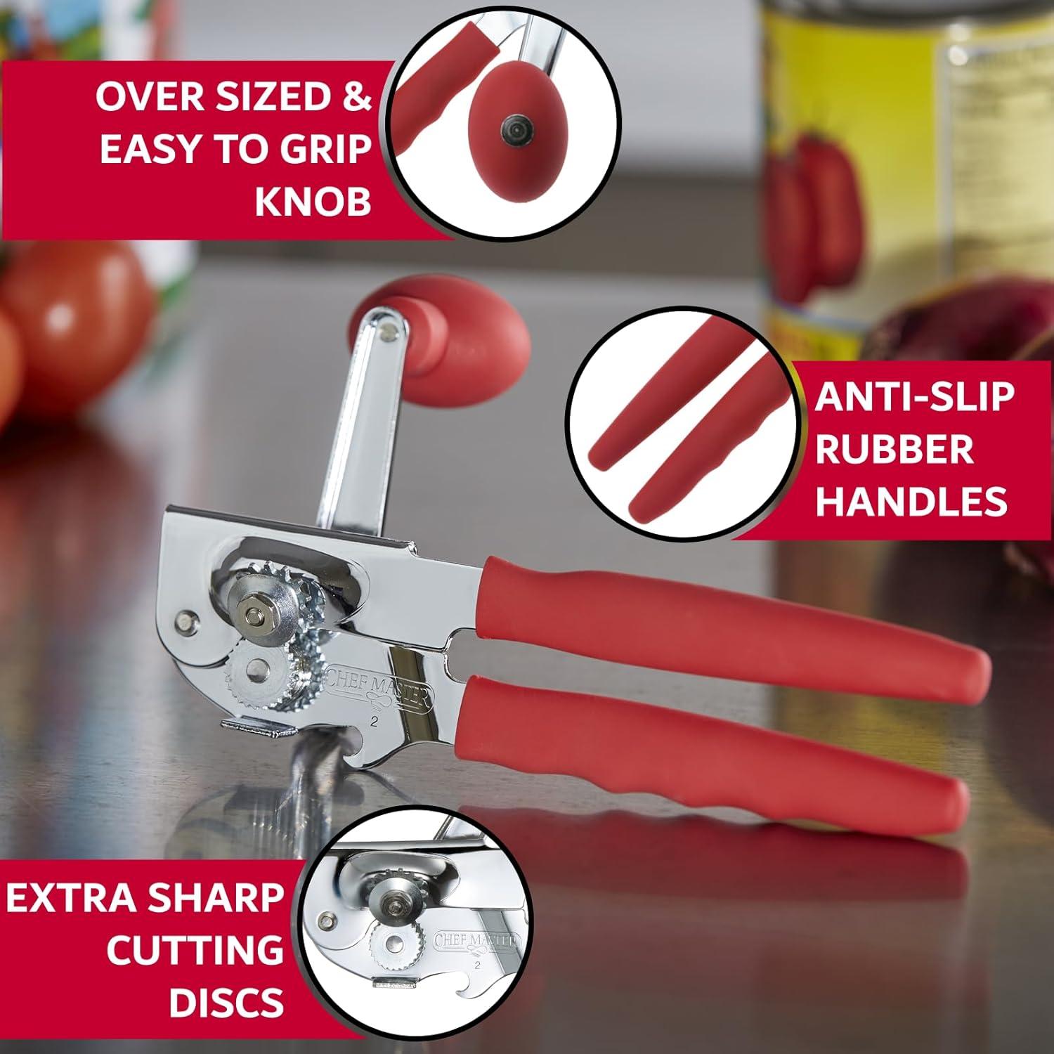 Commercial Stainless Steel Can Opener with Red Handle