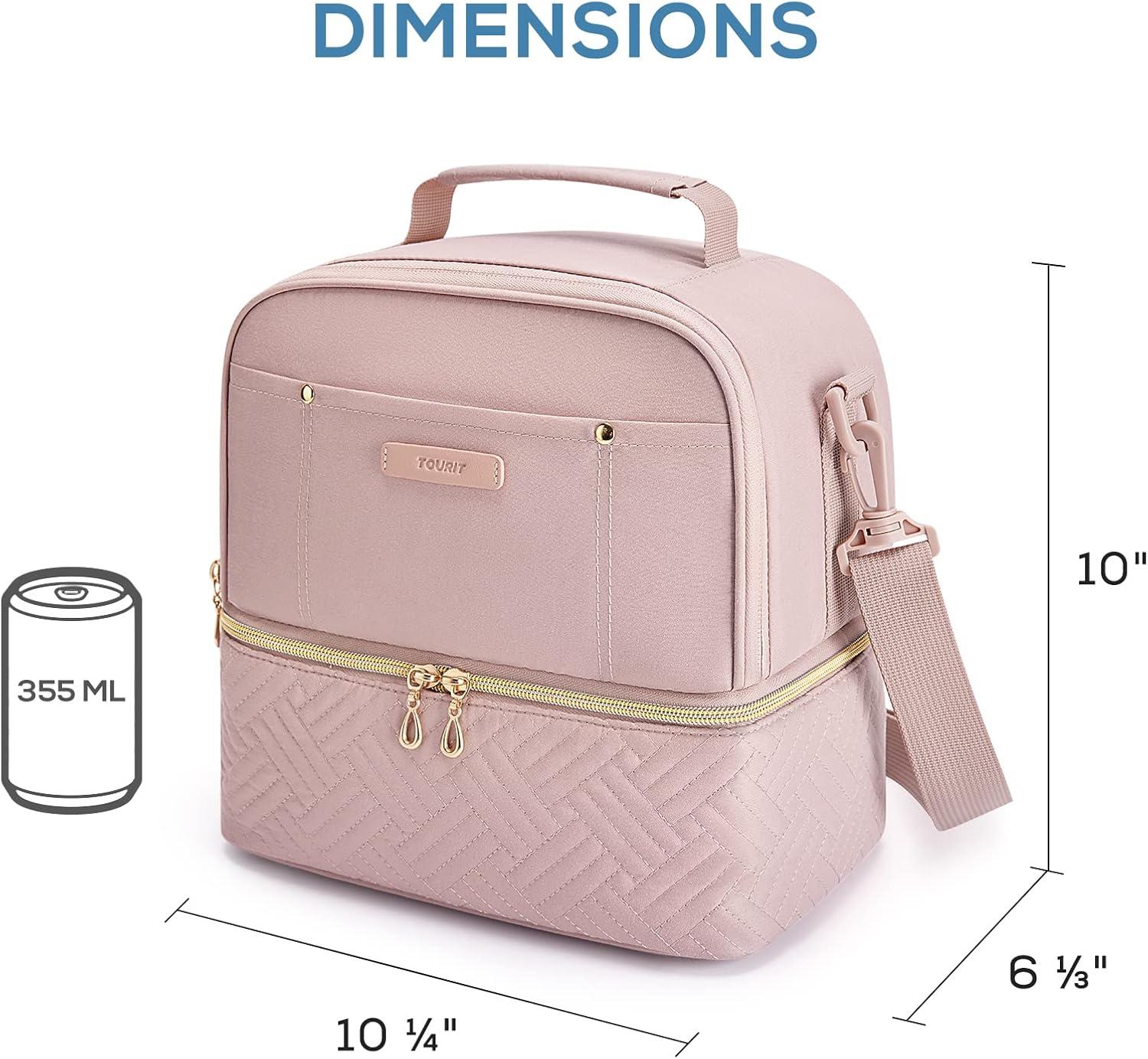 TOURIT Bolsa de Almuerzo Aislada Recipientes de Lonchera Reutilizables, Bolsa Hielera con Dos Pisos y Térmica a Prueba de Fugas, Correa para el Hombro para Mujeres, Hombres, Niños, Escuela de Trabajo, Picnic en la Playa, Rosa