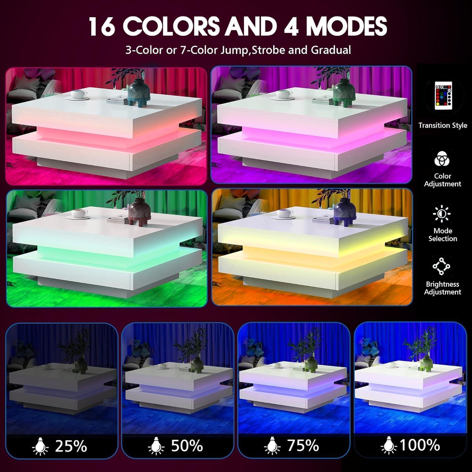 Historyli Go5H 2-Tier Square Coffee Table With LED Lights Center Sofa Table Multifunctional Cocktail Table For Living Room Dining Room Bedroom (31.5''x31.5''x14.2'' )