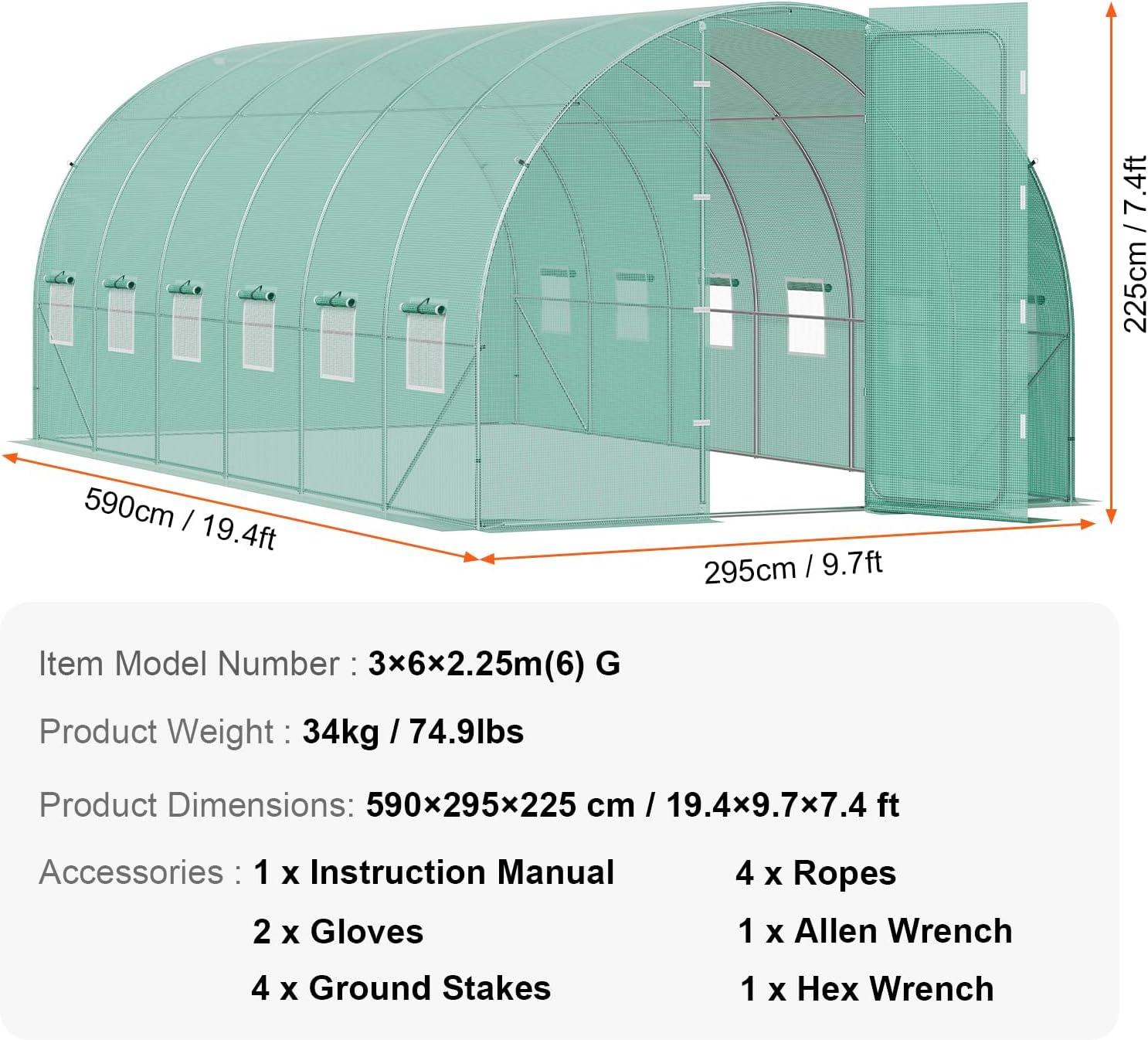 VEVOR Walk-in Tunnel Greenhouse, 27.4x9.5x7.4 ft Hoop House Greenhouse Tunnel, Plant Hot House with Galvanized Steel Frame, Green PE Cover, Swing Door and 16 Roll-up Windows for Outdoor