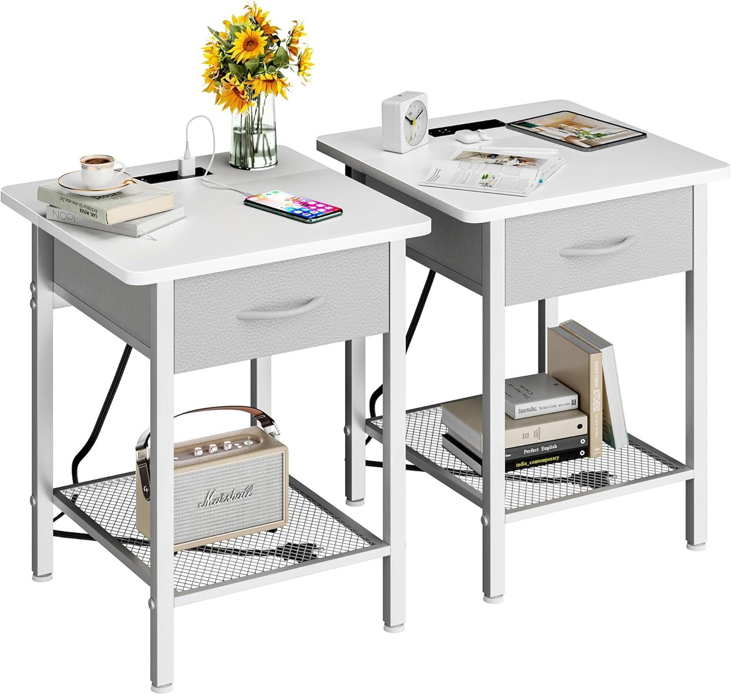 17 Stories Nightstands Set Of 2 With Charging Station And Fabric Storage Drawer,16.5" X 15.8" Side Table With Storage For Bedroom, Bedside Tables With Steel Fram