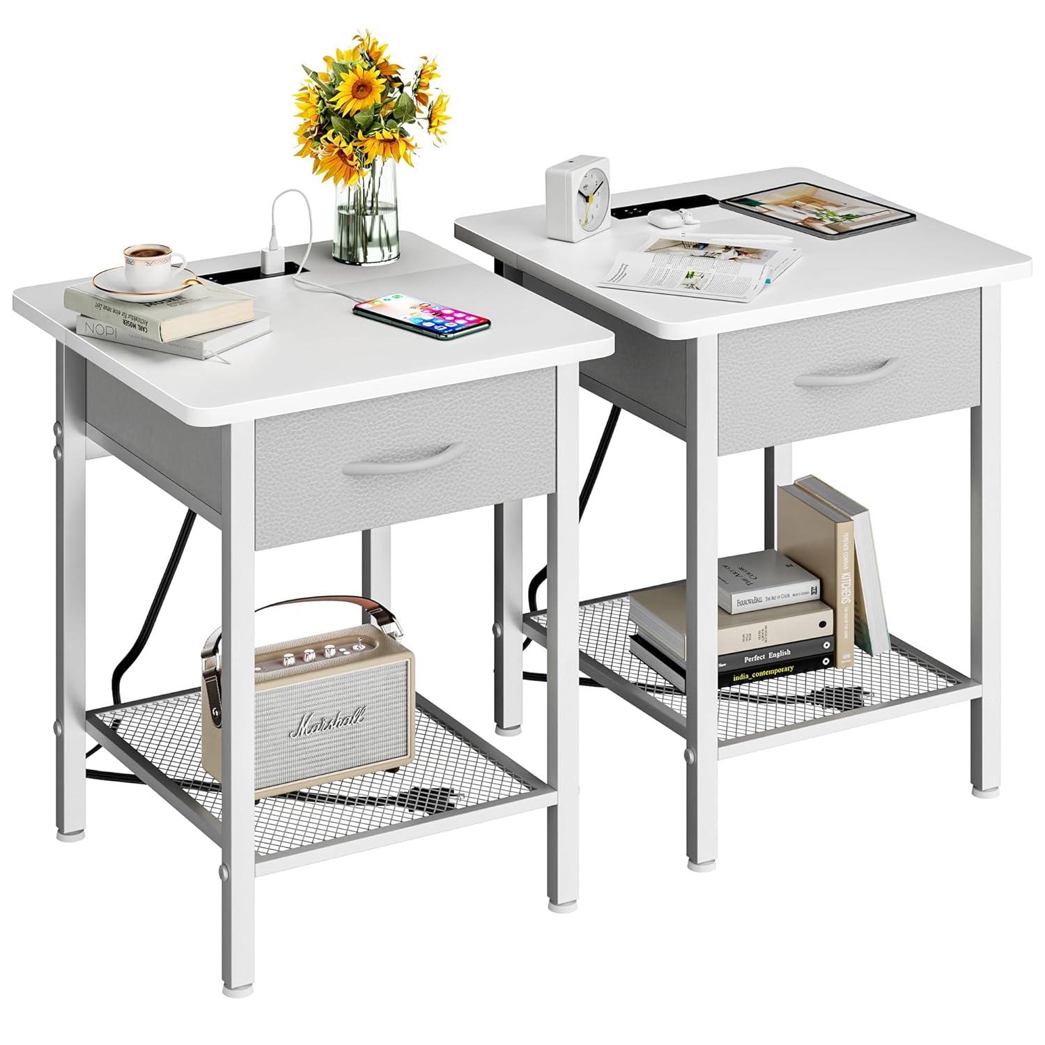 17 Stories Nightstands Set Of 2 With Charging Station And Fabric Storage Drawer,16.5" X 15.8" Side Table With Storage For Bedroom, Bedside Tables With Steel Fram