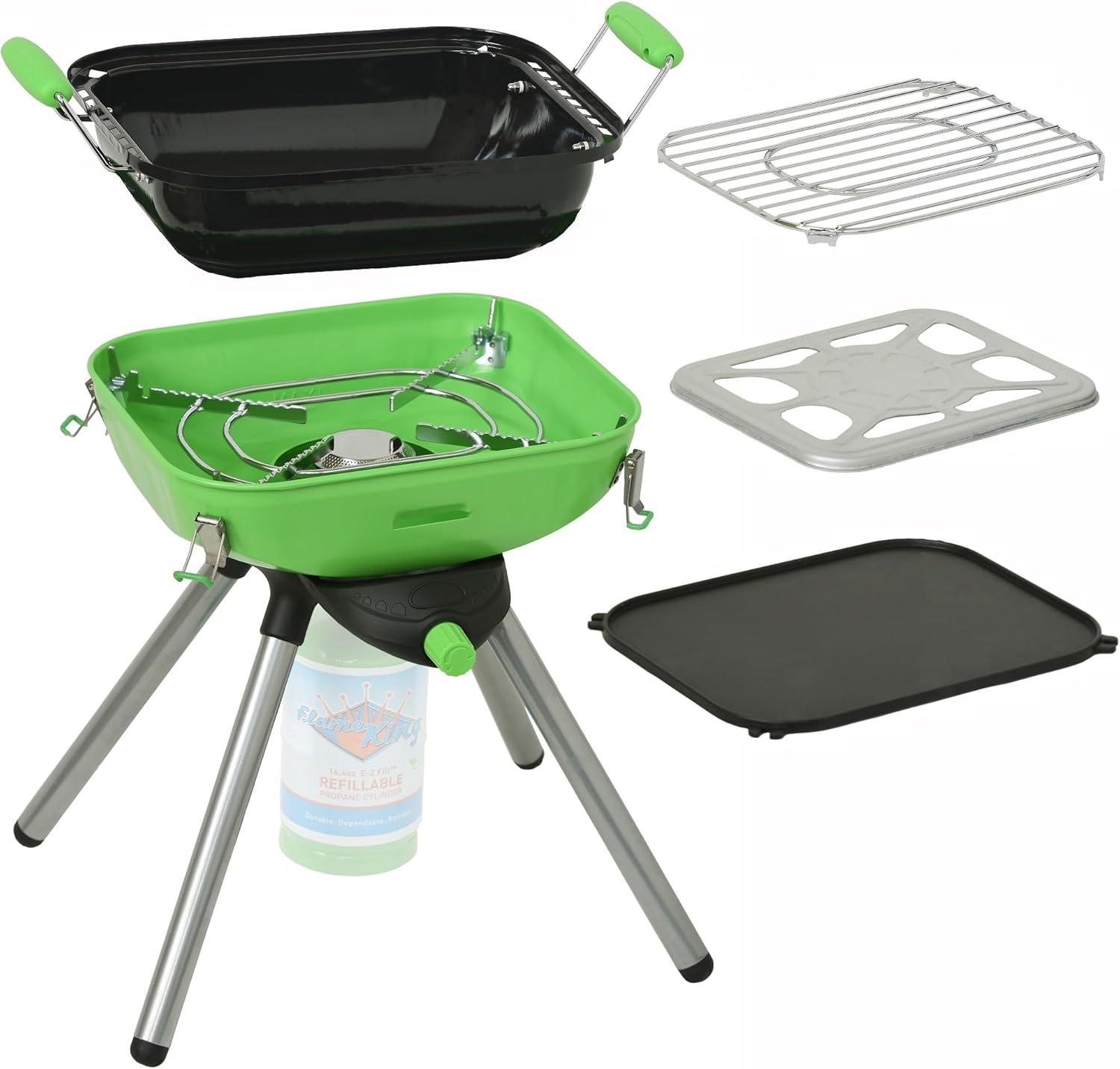 Flame King Multi-Function Portable Propane BBQ Grill Camp Stove, 9.5 x 12 Inch Cooking Surface