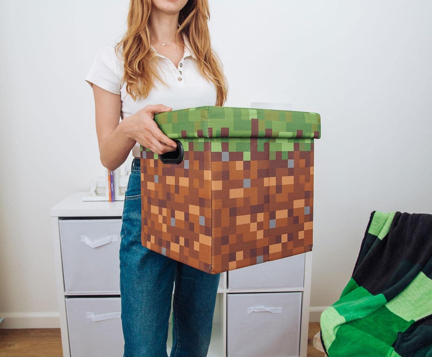 Ukonic Minecraft Grassy Block Fabric Storage Bin Cube Organizer with Lid | 13 Inches