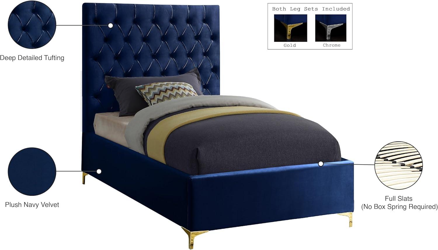 Meridian Furniture Cruz Solid Wood Tufted Velvet Queen Bed in Navy