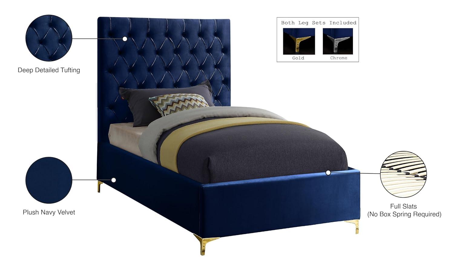 Meridian Furniture Cruz Solid Wood Tufted Velvet Queen Bed in Navy
