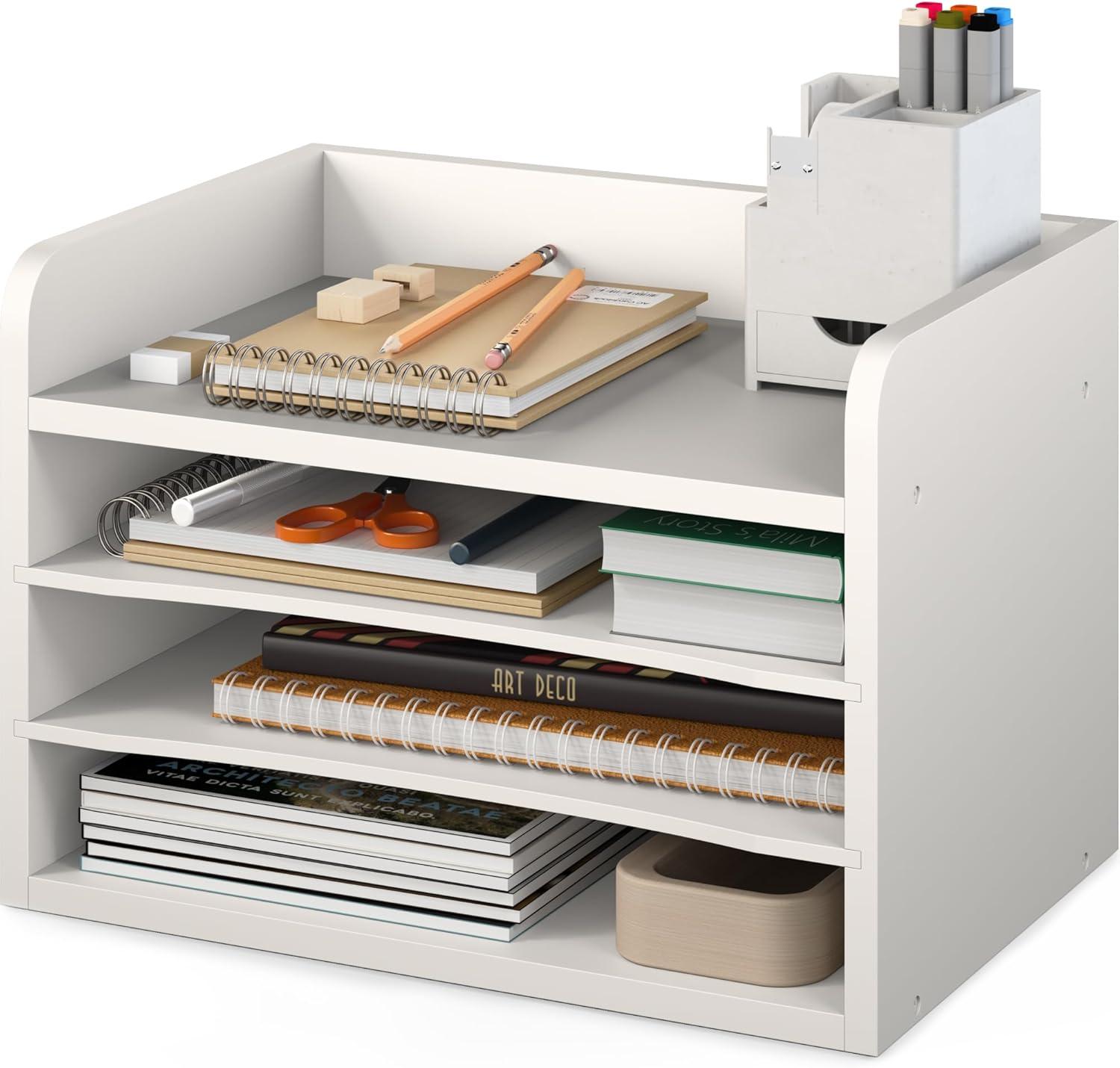Ballucci 4-Tier Adjustable Desk Organizer Paper Sorter, Office Document Letter Tray, White