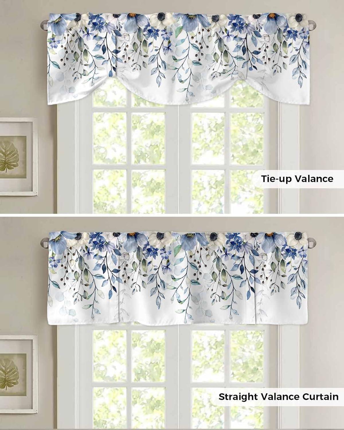 Blue Spring Floral Tie Up Valance Curtains for Windows, Summer Botanical Kitchen Curtains Window Treatments, Weeping Flower Short Window Shades Valances for Bedroom Bathroom Cafe 54"x18"