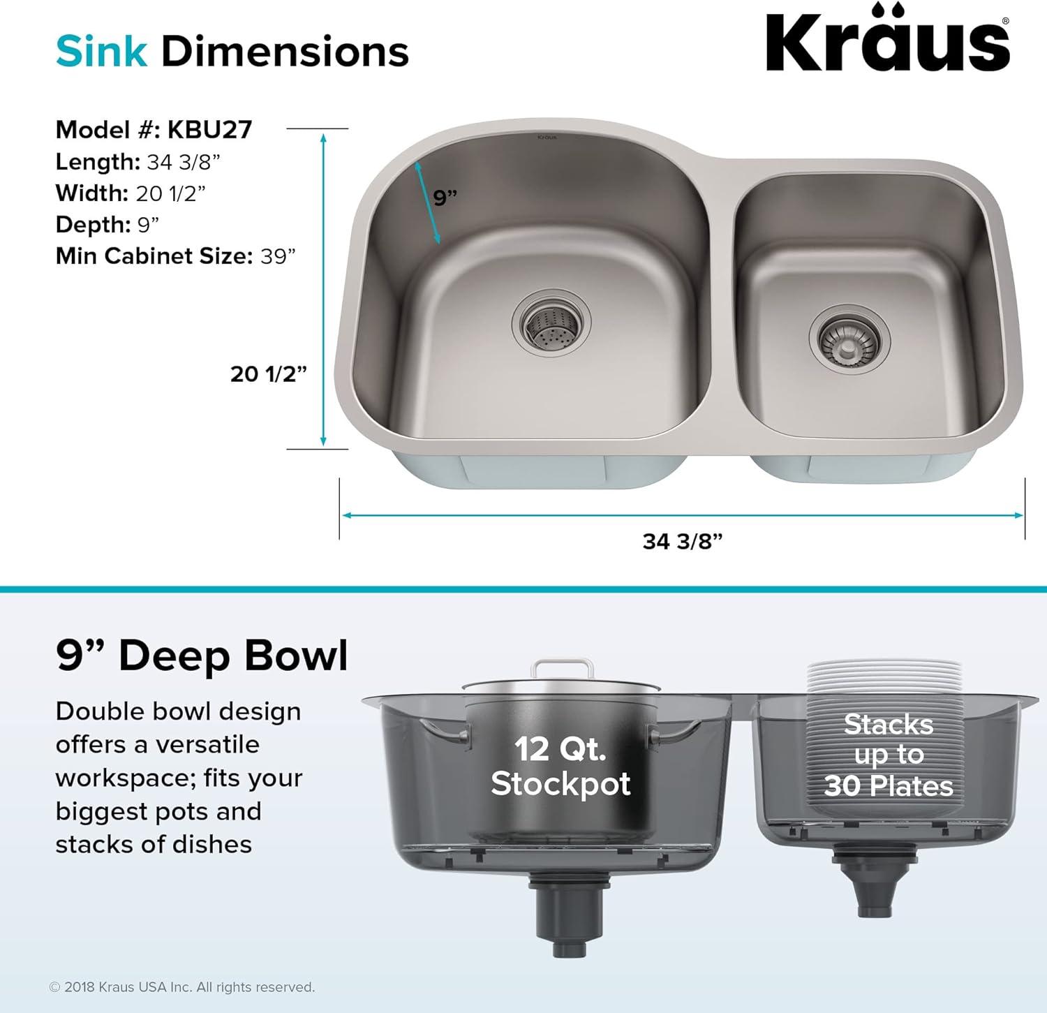 KRAUS Premier 35-inch L 16 Gauge Undermount 60/40 Double Bowl Stainless Steel Kitchen Sink