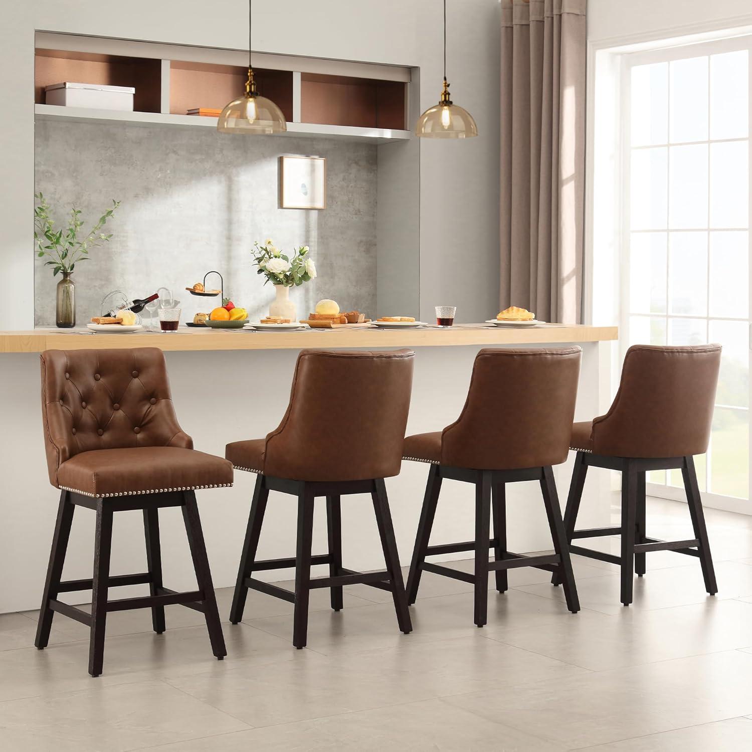 Counter Bar Stools Set of 2, Modern Swivel Bar Stools with Back and Wood Legs, 26" H Upholstered Bar Chair for Kitchen Island Home Bar, Leather Brown