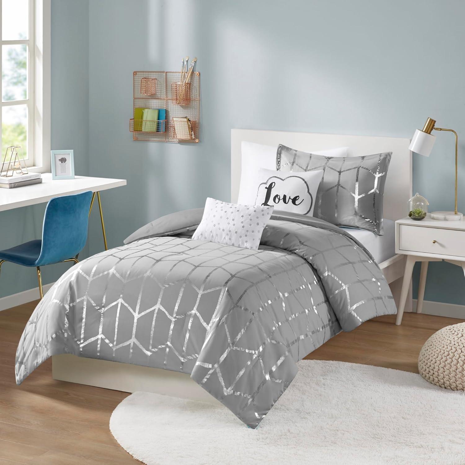 Gray and Silver Geometric Twin Duvet Cover Set