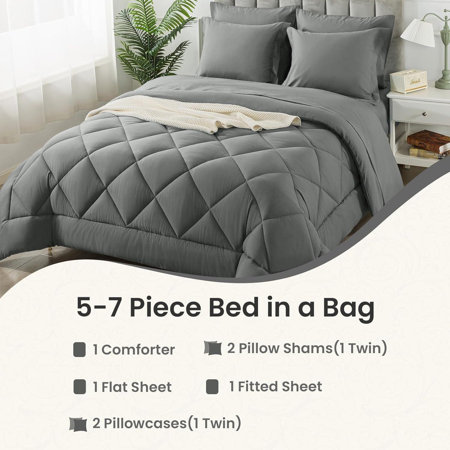 Cozy Comfort Queen Bedding Comforter Set - 7 Pieces Solid Grey Bed in a Bag Queen, Bed Set Queen with Quilted Fluffy Comforters, Sheets, Pillowcases & Shams