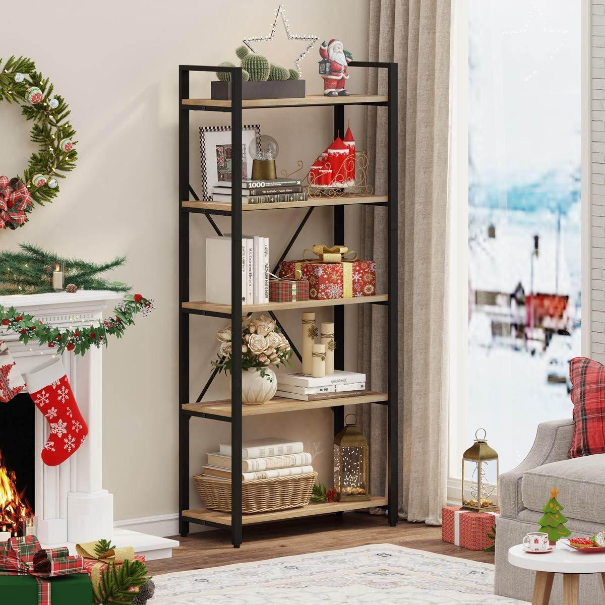 Rustic Oak and Black Metal 5-Tier Industrial Bookshelf