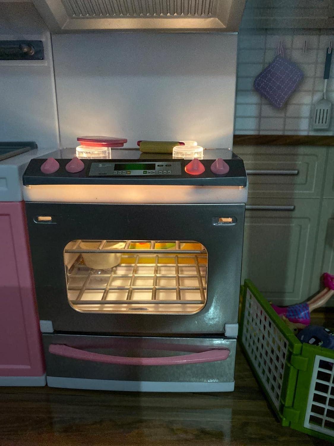 PowerTRC Doll Kitchen Play Set, Mini Modern Toy Pink Kitchen Pretend Play Furnitures Toy Set Accessories Set with Realistic Light & Sound for Kids Toddlers Girls (4-in-1)