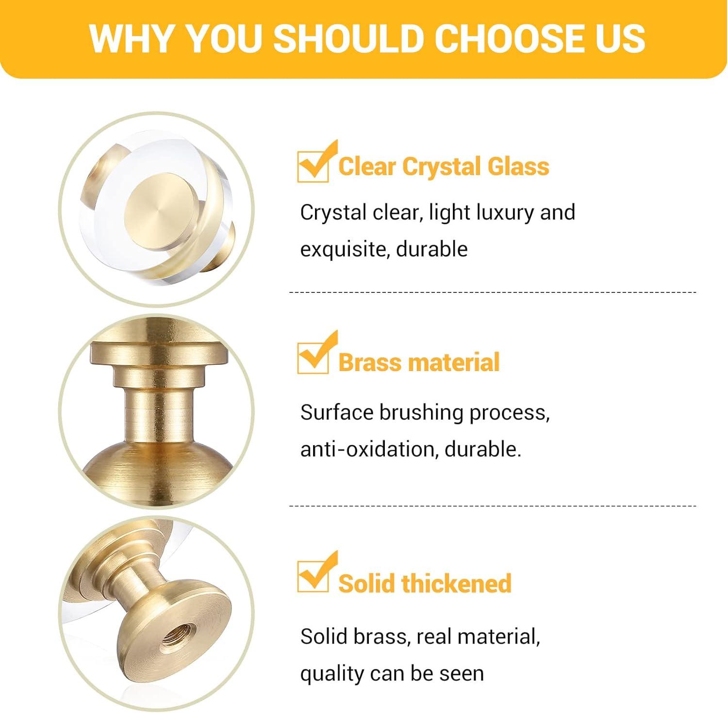 12-Pack 1-1/4-Inch White Cabinet Glass Crystal Brass knobs Brass Drawer Round Knobs Dresser Pulls, Gold Hardware Kitchen Closet knobs for Bifold Doors