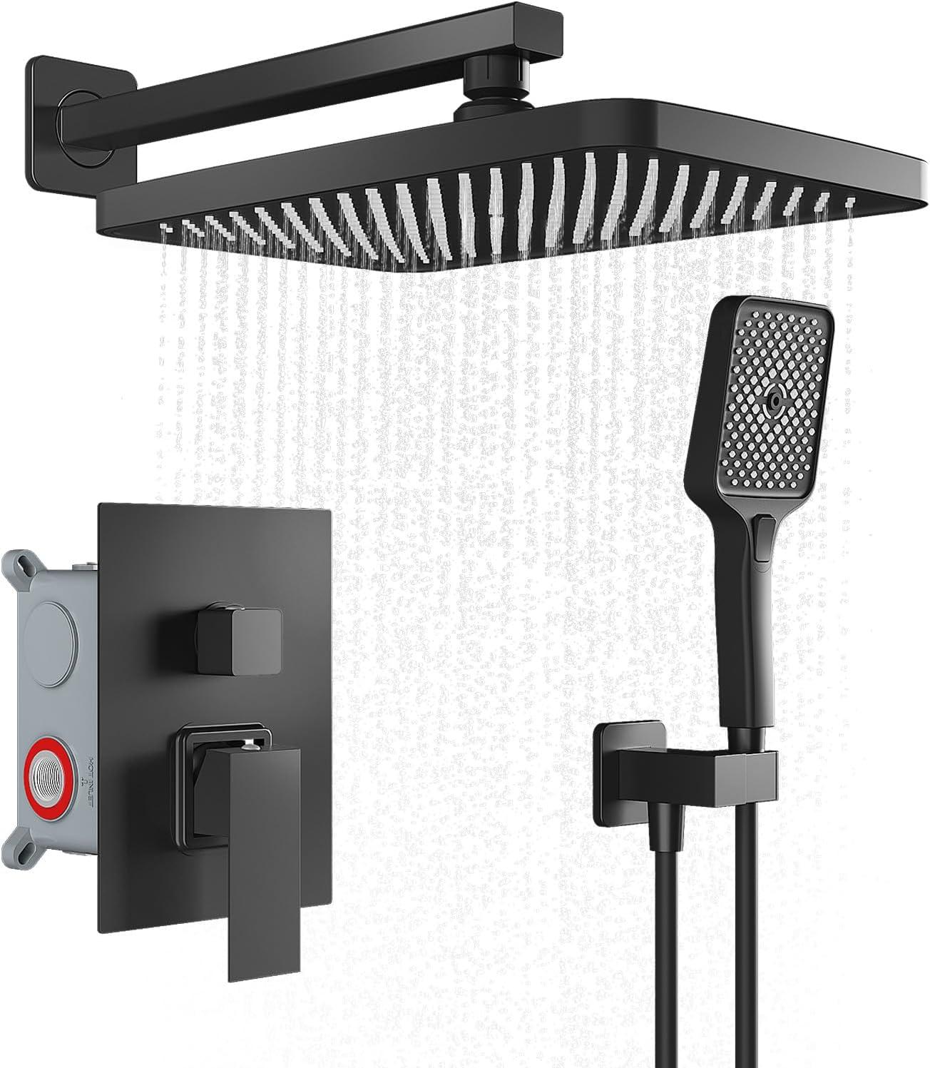 Shower Faucet Set 12" Matte Black Shower Head And Handle Set Rainfall Shower System with Square Rain Shower Head and High Pressure Handheld Spray