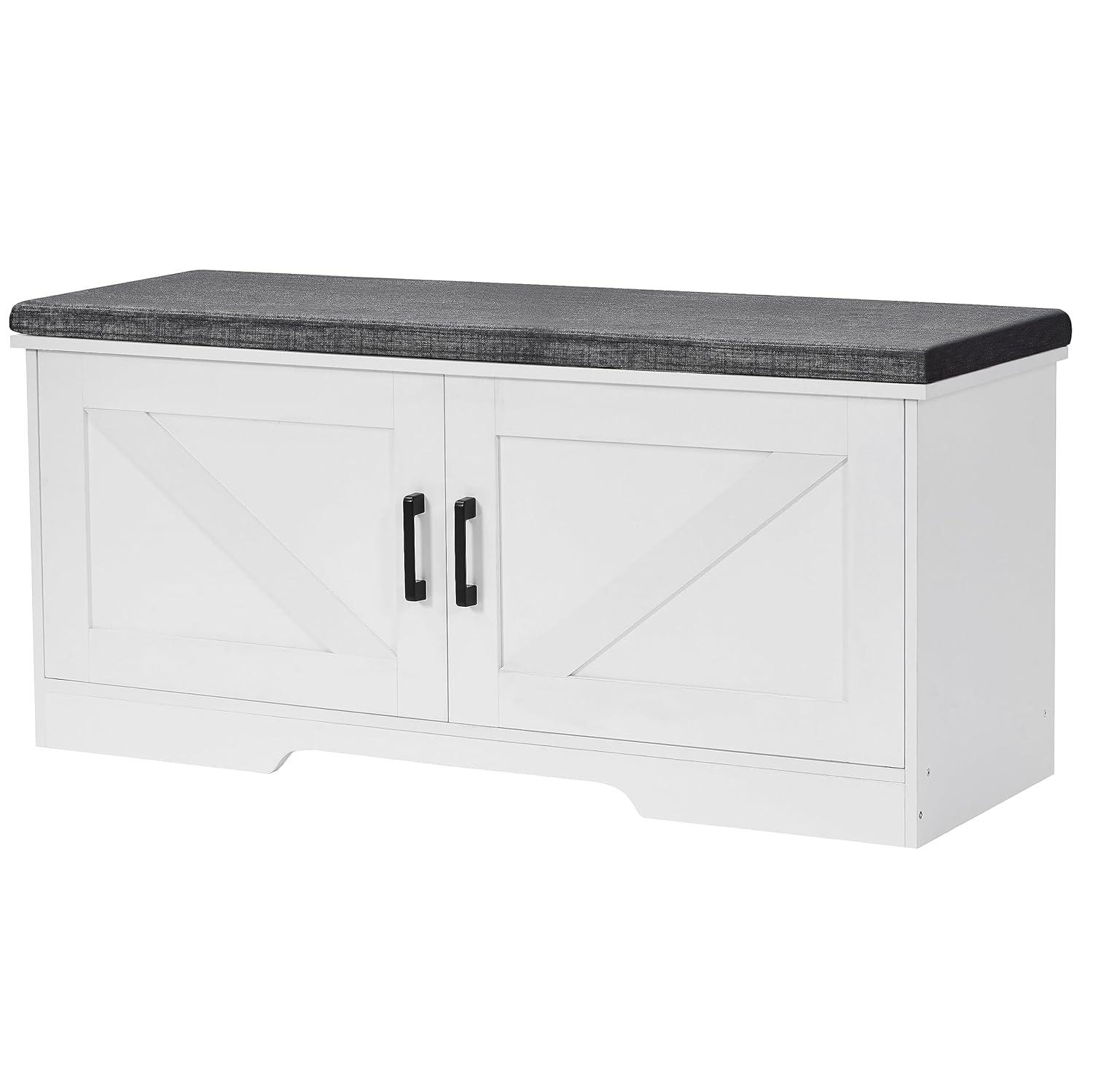 Gracie Oaks Gracie Oaks 2 Tier Shoe Storage Bench With Padded Seat Cushion, Entryway Bench With 2 Barn Doors, White, Adjustable Shelf, 13.8" D X 39.4" W X 17.7" H