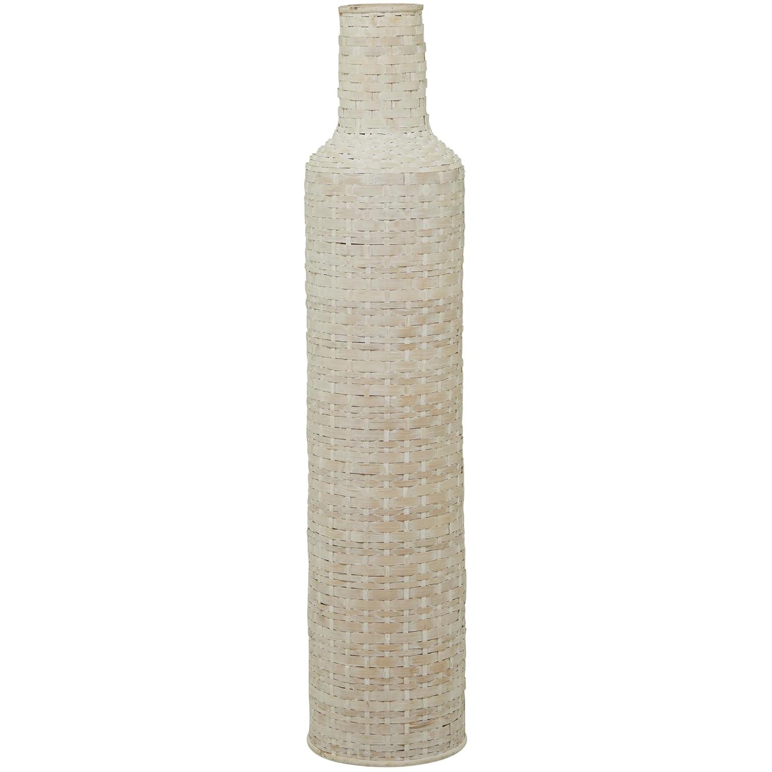 Studio 350 Intricately Woven Tall Bamboo Wood Floor Vase  - White or Brown White - 9"W, 39"H