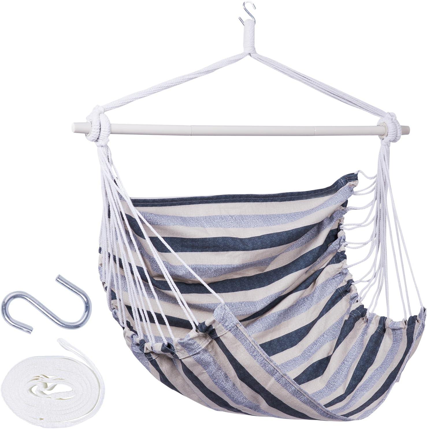 Backyard Expressions Striped Hammock Chair Hanging Rope Swing Chair, Anti Slip Steel Spreader Bar