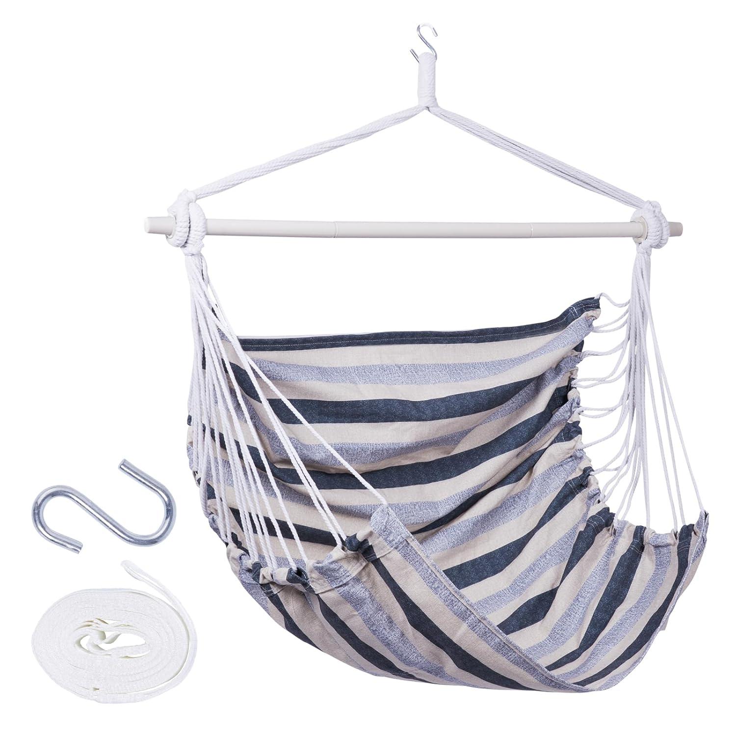 Backyard Expressions Striped Hammock Chair Hanging Rope Swing Chair, Anti Slip Steel Spreader Bar