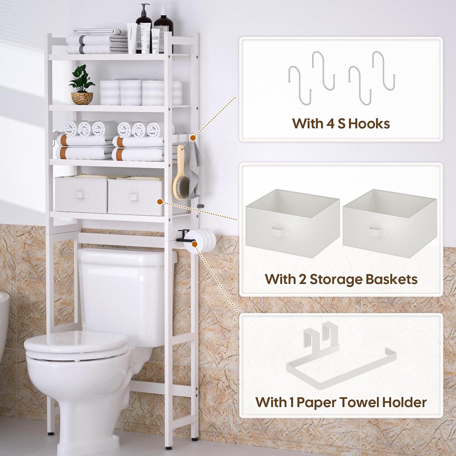 Over The Toilet Storage with 2 Baskets,4-Tier Bamboo Over Toilet Organizer Rack with Paper Holder & 4 Hooks & Waterproof Feet Pad,Freestanding Above Toilet Shelf for Bathroom(White)