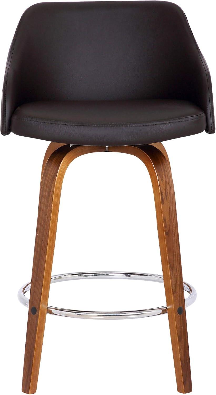 Alec 30" Walnut Wood and Brown Faux Leather Swivel Bar Stool