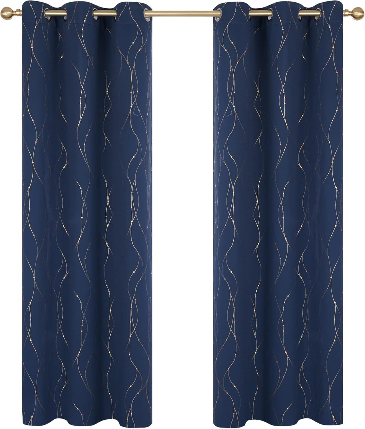 Deconovo Room Darkening Blackout Curtains, Navy Blue, 42W x 45L Inch, Gold Foil Printed Wave Line and Dots Pattern Grommet Window Drapes